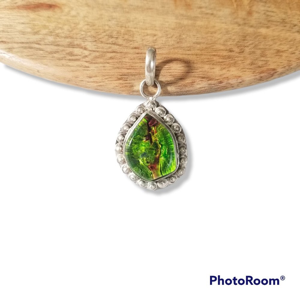 Green Art Glass Stone Pendant Teardrop In Sterling Silver